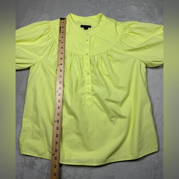 J.Crew Puff Sleeve Cotton Poplin Popover Button Neckline Neon Yellow Blouse 2 - Picture 6 of 10